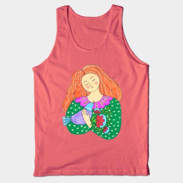 Girl Bird Flowers Tank Top by DoodlesAndStuff